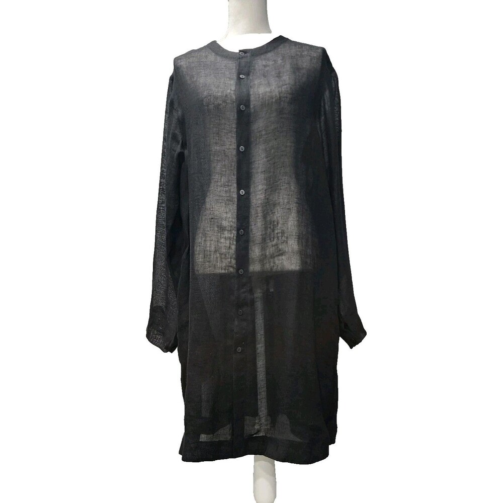 Turnblack Women's Sheer Full Sleeve Tunic Linen Gauze Black Sizes Medium